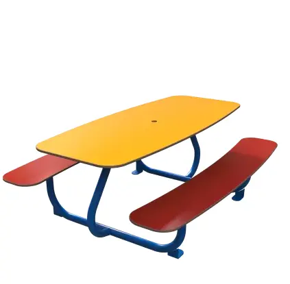 [39550] TABLE +ASSISES TINY 6PL OVALE H560MM METAL BLEU RAL 5017 HPL JAUNE + ROUGE + TP Ø35