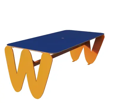 TABLE TINY 6PL RECT PIED LETTRE"W" H560MM METAL JAUNE RAL 1033 HPL BLEU + TP Ø35